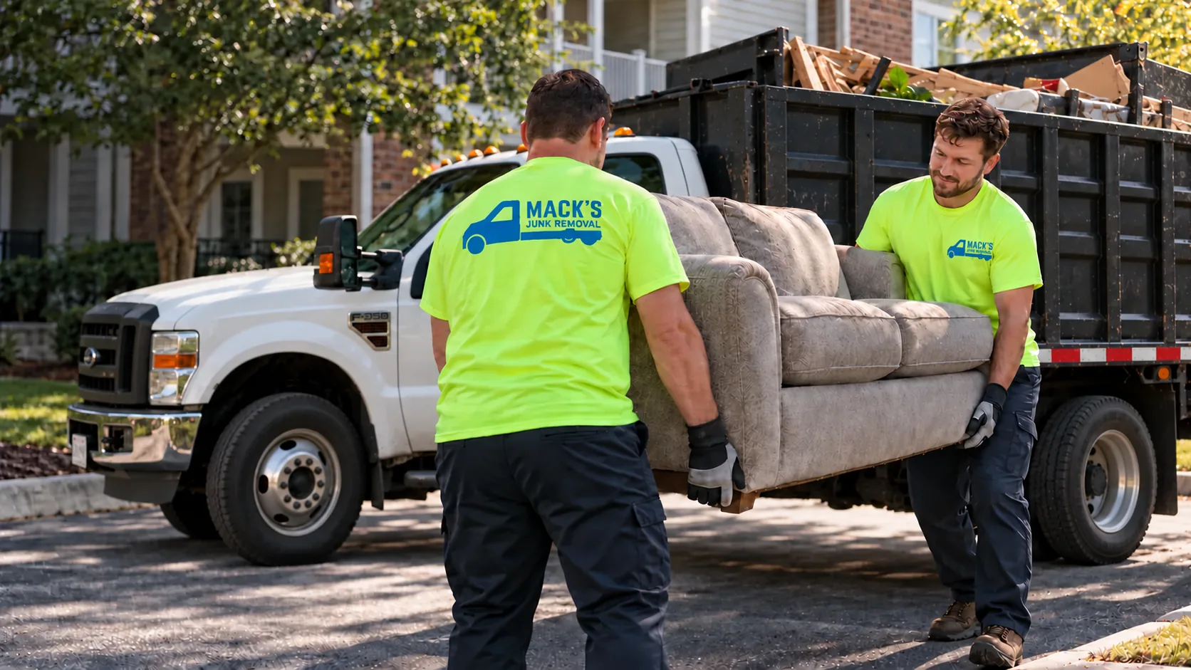 Mack's Junk Removal crew loading a sofa into the company truck