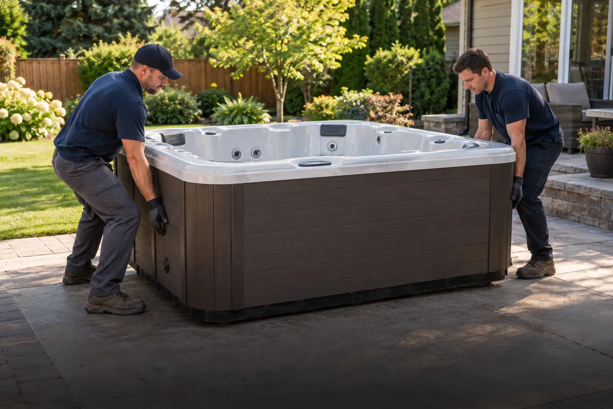 Crew lifting a hot tub for removal from a residential backyard